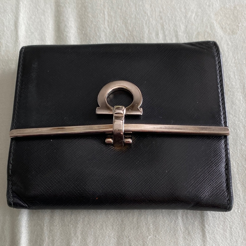 Salvatore Ferragamo Black Leather Wallet with Silver Hardware